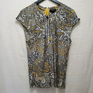 Liz Claiborne Career Blouse Large LT Yellow Black Paisley Pleated Back Zip Top